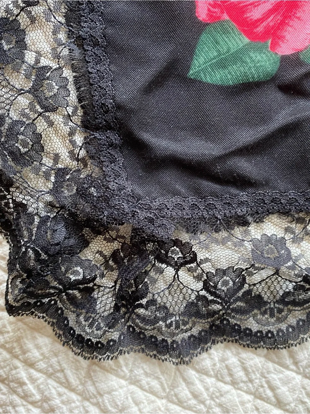 Black Floral Square Scarf Red Roses Lace Trim 35-inch square Whimsigoth Romantic